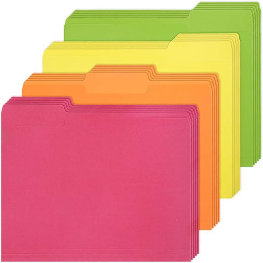 Whaline 24 Pack Neon Colored File Folders Letter Size Pink Orange Yellow Green File Pockets with 1/3 Cut Tab for Home Office Classroom Supplies, 8.9 x 11.6 Inch, 4 Colors