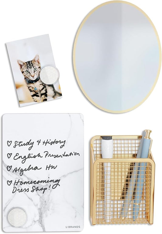 U Brands Magnetic Locker Accessories and Decorating Kit, 6 Piece Set, Back to School Essentials, Gold and Marble, Whiteboard, Mirror, and More
