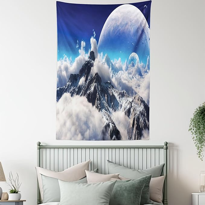 Ambesonne Fantasy Tapestry, Celestial View of Snow Capped Mountains and Alien Planet Print, Fabric Wall Hanging Decor for Bedroom Living Room Dorm, 23" X 28", White and Navy Blue