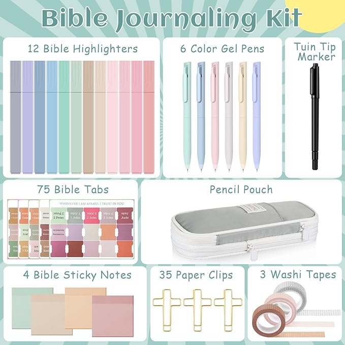137 Pcs Bible Study Supplies Journaling Kit 1 Pencil Case 12 Highlighters 4 Sticky Notes 6 Gel Pens 35 Paper Clips 3 Tapes 1 Markers 75 Tabs for Christmas Bible School Gifts(Boho Color)