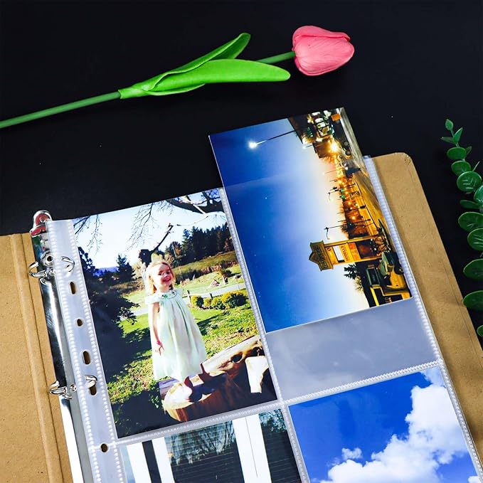 Mogoostry A4 Clear Sheet Protectors 4 Pocket Binder Sleeves 20 Sheets 11 Holes Top Open Photo Album Sleeves Photocard Collection Page Protector