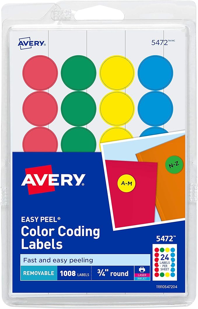 Avery Removable Color-Coding Labels, Removable Adhesive, Assorted Colors, 3/4" Diameter, 1,008 Labels (5472)