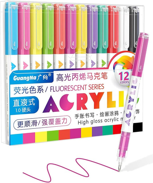 Guangna Fluorescent Acrylic Gel Pens 12 Color, Colored Pens for Journaling, Coloring Books, Calligraphy, Note Taking & DIY Crafts, RollerBall Pen Tip