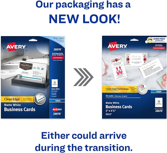Avery Clean Edge Printable Business Cards with Sure Feed Technology, 2" x 3.5", White, 90 Blank Cards for Inkjet Printers (28878)