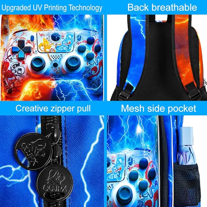 gxtvo 3PCS Kids Game Bookbag, 17" Boys Backpack with Lunch Box, Water Resistant Middle Elementary School Bag - Fire & Lightning Game