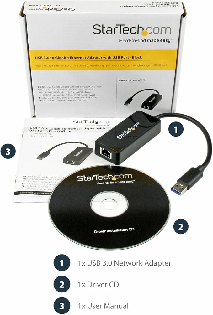 StarTech.com USB 3.0 Ethernet Adapter - USB 3.0 Network Adapter NIC with USB Port - USB to RJ45 - USB Passthrough (USB31000SPTB), Black, 0.7" x 1.4" x 5" x 5"