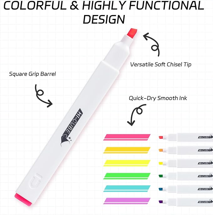 M&G HI-CUBE Highlighters, 6 Pack Fluorescent Colors, Soft-Nib Chisel Tip with Fat Rectangular Barrel Design, No Bleed Highlighters for Journaling, Planners, Study Notes, Writing & School Supplies