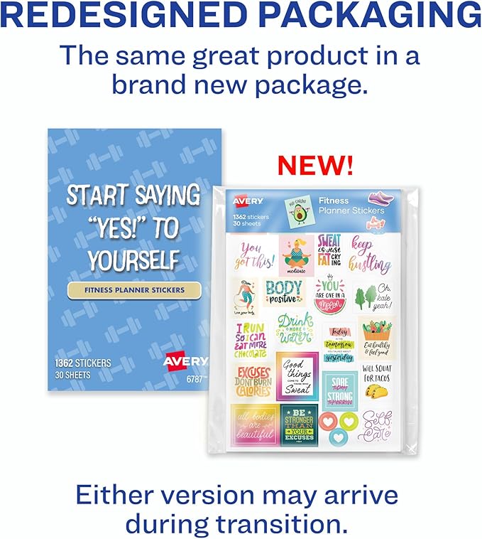 Avery Fitness Planner Stickers Pack, 30 Sheets, Health and Fitness, 1,362 Stickers for Your Planner, Journal or Calendar (6787)