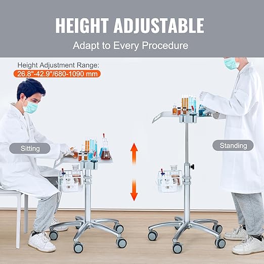 VEVOR Medical Mobile Trolley with Wheels 29.5"-41.3" Height Adjustable Stainless Steel Dental Cart Rolling Desktop Lab with 16.5" 15.7" Large Tabletop