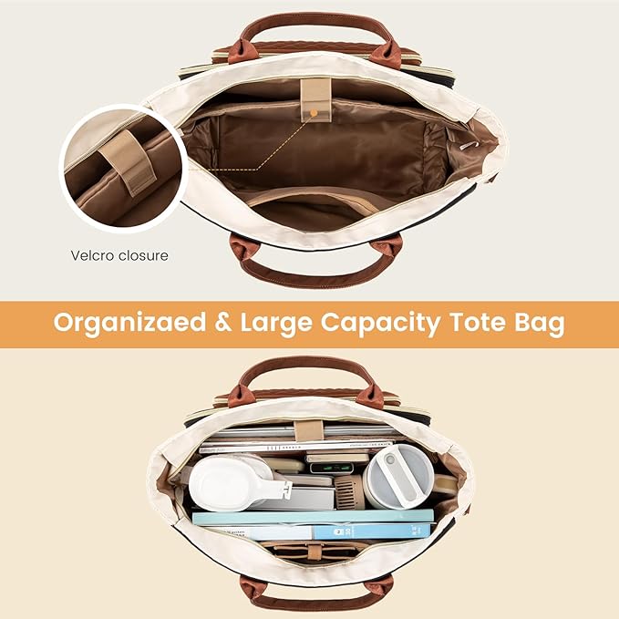 LOVEVOOK Insulated Lunch Bag, Large Capacity Tote with Lunch Compartment, Laptop Bag with Cup Holder, Work Bags for Women, Nurse Lunch Tote for Office, School, Picnic, 15.6 Inch Black-Beige-Brown