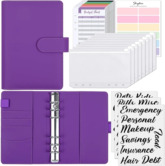 SKYDUE Budget Binder, Money Saving Binder with Zipper Envelopes, Cash Envelopes and Expense Budget Sheets for Budgeting (Violet)