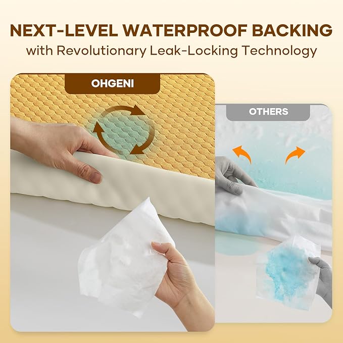 OhGeni 100% Waterproof Mattress Protector,Queen Size Mattress Soft Pad,Hair & Bedwetting Resistant,Cooling Breathable Fitted Sheets,Washable Bed Cover,Non-Slip Deep Pocket,Noiseless for Bedroom,Yellow