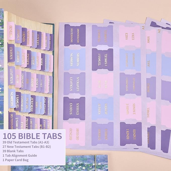 Bible Tabs, 66 Gold Foil Lettering Chapter Labels + 39 Blank Water Lilies Theme Laminated Index Tabs with Alignment Ruler, Bible Journaling Study Supplies for Women & Men, Bible Sticker Accessories