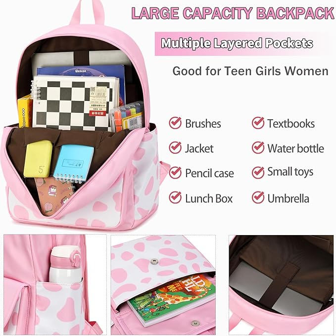 School Backpack for Girls Teens Bookbag with Lunch Box Set Kids Backpack Elementary Middle School Bag Daypack, Pink Cow