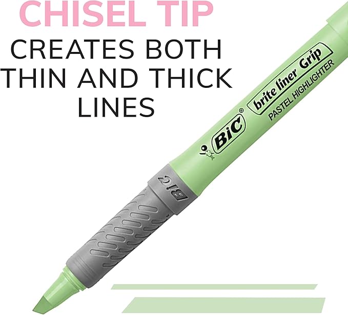 BIC Brite Liner Grip Pastel Highlighter Set, Chisel Tip for Fine and Broad Lines, 12-Count Pack in Assorted Colors