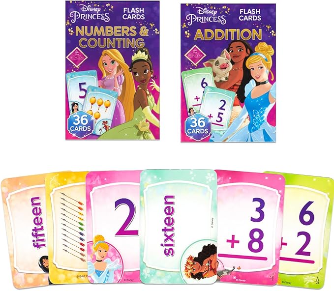 Disney Princess Flash Cards Set Toddler Kids - Bundle with 72 Math Flashcards Featuring Numbers for Pre-K Boys, Girls Plus Stickers, More | Disney Princess Learning Toys