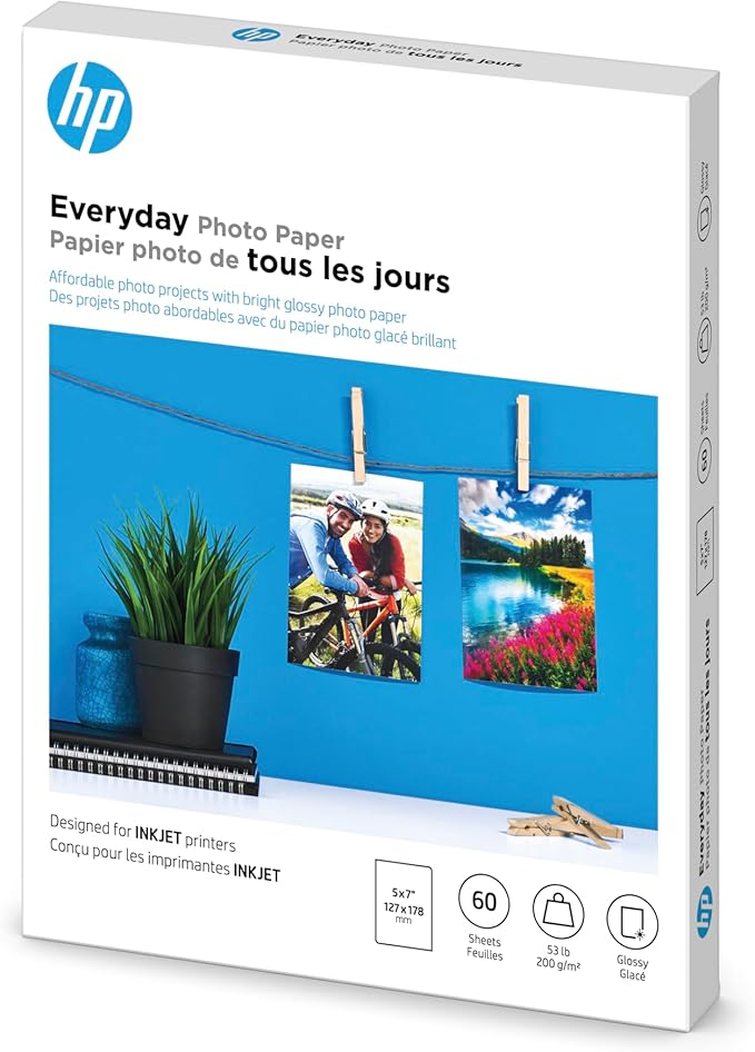 HP Everyday Photo Paper - Designed for HP Inkjet Printers, Glossy, 5x7 in, 60 sheets (CH097A)