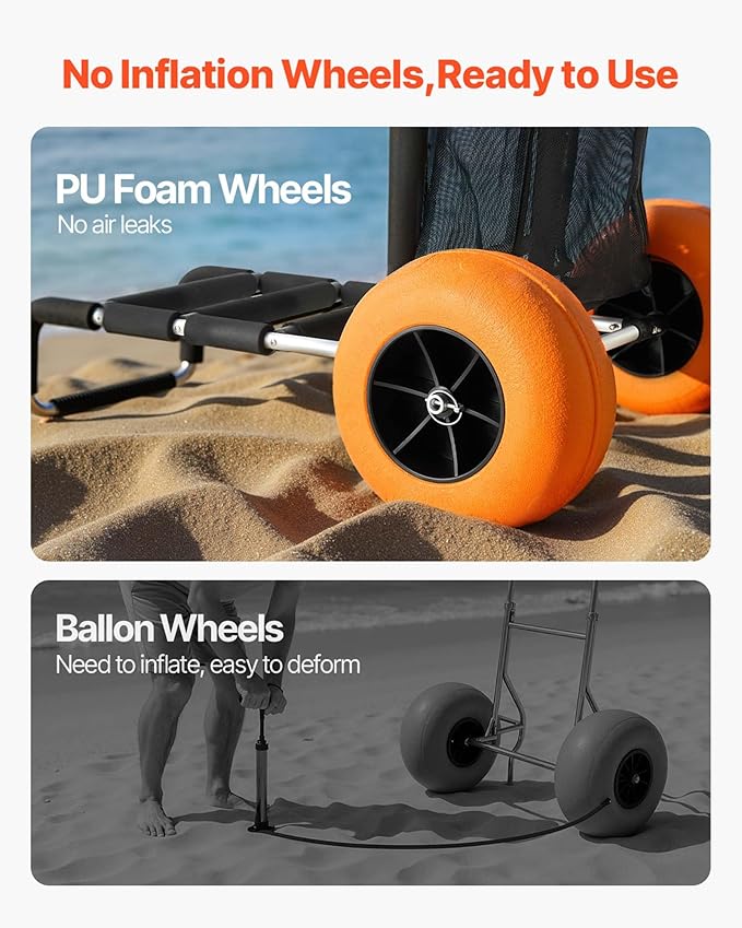 VEVOR Beach Dolly with Big Wheels for Sand, 29.9" x 15.4" Cargo Deck, w/ 12" Solid Wheels, 165LBS Loading Capacity Folding Sand Cart & 27" to 44.7" Adjustable Height, Heavy Duty Cart for Beach