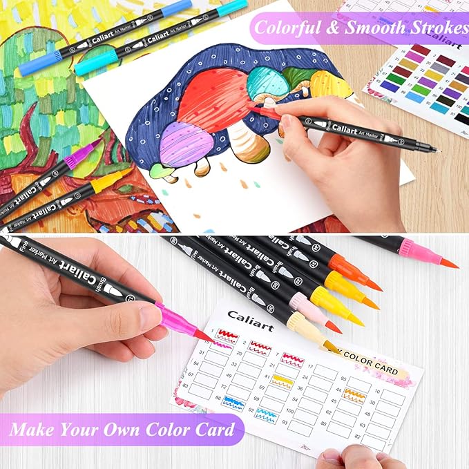 Caliart 34 Double Tip Brush Pens Art Markers, Artist Fine & Brush Pen Coloring Markers for Adult Book Cards Drawing Craft Kit Teacher Office Supplies