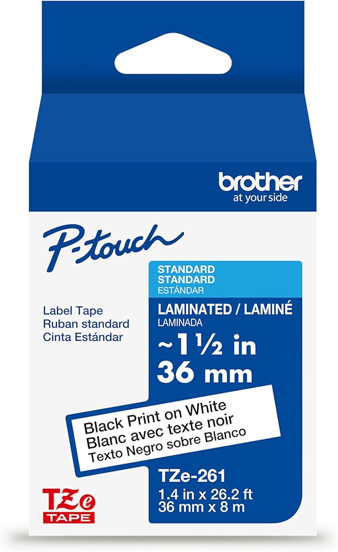 Brother Genuine P-Touch TZe Black Print on White Label Tape (TZe261), Laminated,1-1/2in x 26.2ft (36mm x 8m), for Select P-Touch Label Makers, Durable, Water-Resistant, Indoor/Outdoor Use