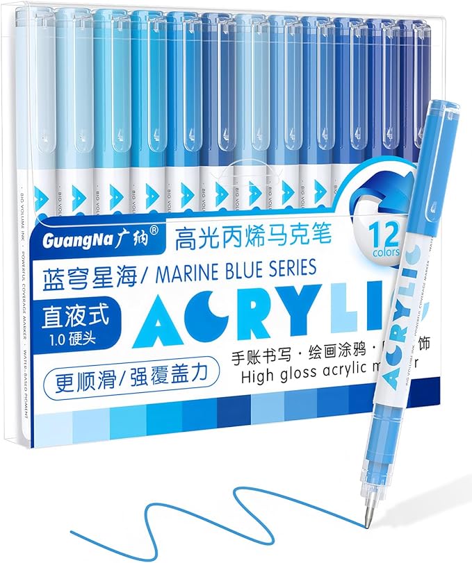 Guangna Acrylic Gel Pens 12 Color, Colored Pens for Journaling, Coloring Books, Calligraphy, Note Taking & DIY Crafts, RollerBall Pen Tip (Blue)
