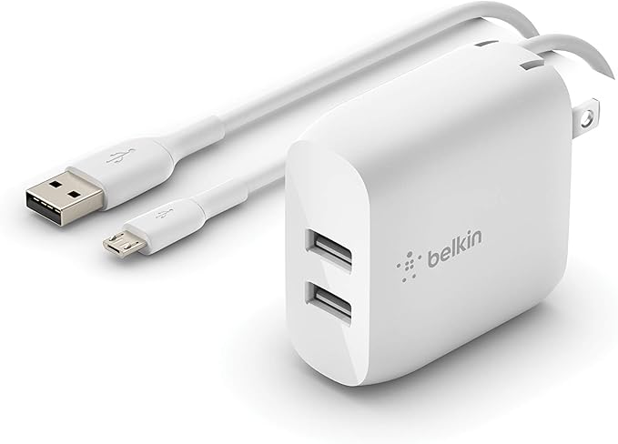 Belkin Dual Port USB Charger Block 24W - Micro USB Cable Included - iPhone Fast Charging – iPhone 17, Air, Pro, Pro Max, iPad, AirPods, Apple Watch, Samsung S25, Google Pixel 10, etc. - White