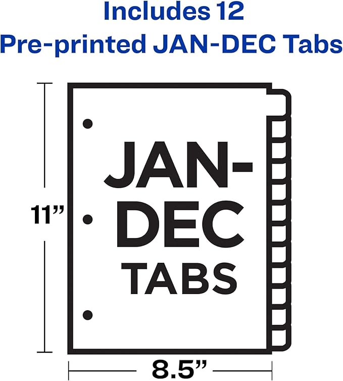 Avery Pre-Printed Jan-Dec Plastic Dividers for 3 Ring Binders, 12-Tab Set, Multicolor, 1 Set (11331)