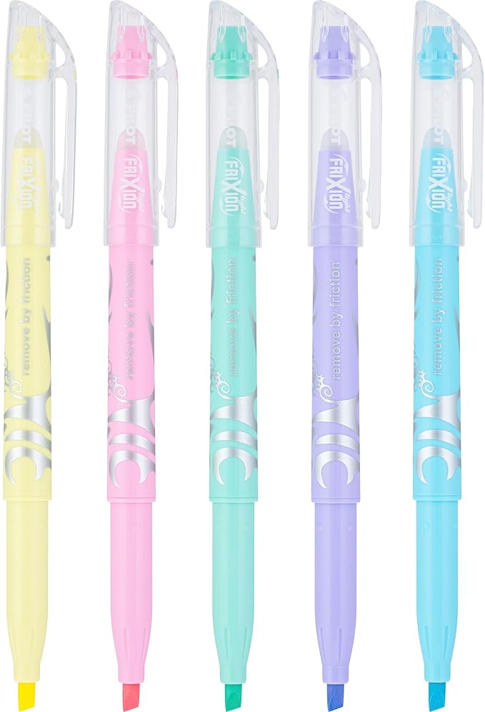 Pilot FriXion Light Pastel Erasable Highlighters, Chisel Tip, Pack of 5, Blue, Pink, Yellow, Green & Purple Aesthetic Highlighters - Ideal for School, Journaling, and Office Use