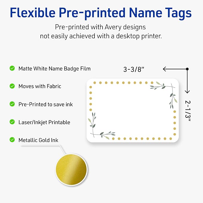 Avery Printable Rectangle Adhesive Name Tags, Green Florals Gold Dots Design, 2-1/3" x 3-3/8", Matte White Removable Name Tags, Laser/Inkjet, 80 Total, Great for Name Badges