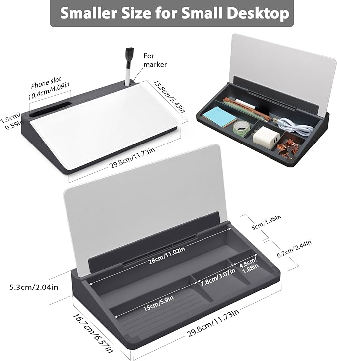 Varhomax Glass Desk Buddy Whiteboard with Storage, Small Dry Erase Desktop White Board Caddy to-do List Memo Notepad for Office, School and Home Office Supplies (Gray and White)