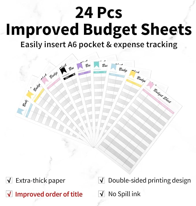 Sooez Laser Pink Money Organizer for Cash, A6 Budget Binder with Cash Envelopes, 39 Black Bold Sticky Labels & 24 Colorful Budget Sheets, Money Saving Binder for Budgeting