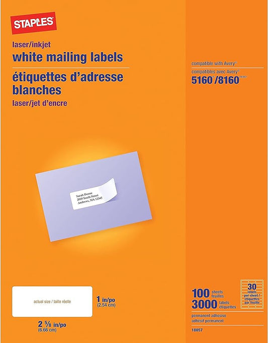 Staples Laser/Inkjet Address Labels, Easy-To-Peel Printable Sticker Paper, 1 x 2-5/8 Inch, 30 Labels Per Sheet, 100-Pack, White