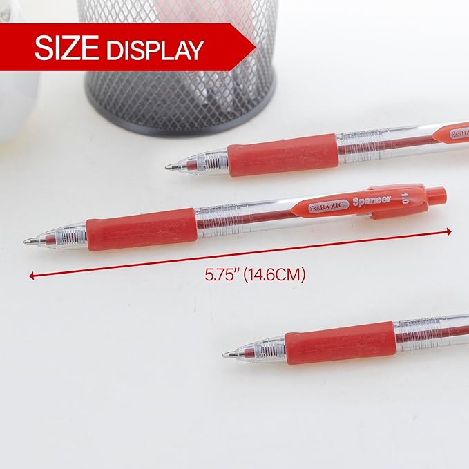 BAZIC Ballpoint Pen Spencer Red Retractable Pen Soft Barrel Grip Pens, 1.0 mm Bold Point Smooth Writing, for Office School Teacher (5/Pack), 1-Pack