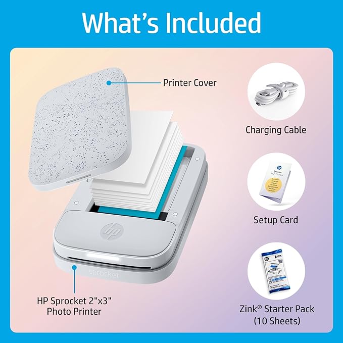 HP Sprocket Portable 2x3 Instant Photo Printer (Luna Pearl) Print Pictures on Zink Sticky-Backed Paper from Your iOS & Android Device.