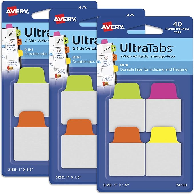 Avery Mini Ultra Tabs, 1" x 1.5", 2-Side Writable, Assorted Neon Colors, Repositionable Tabs, 40 Per Pack, 120 Total (3-Pack of 74759)