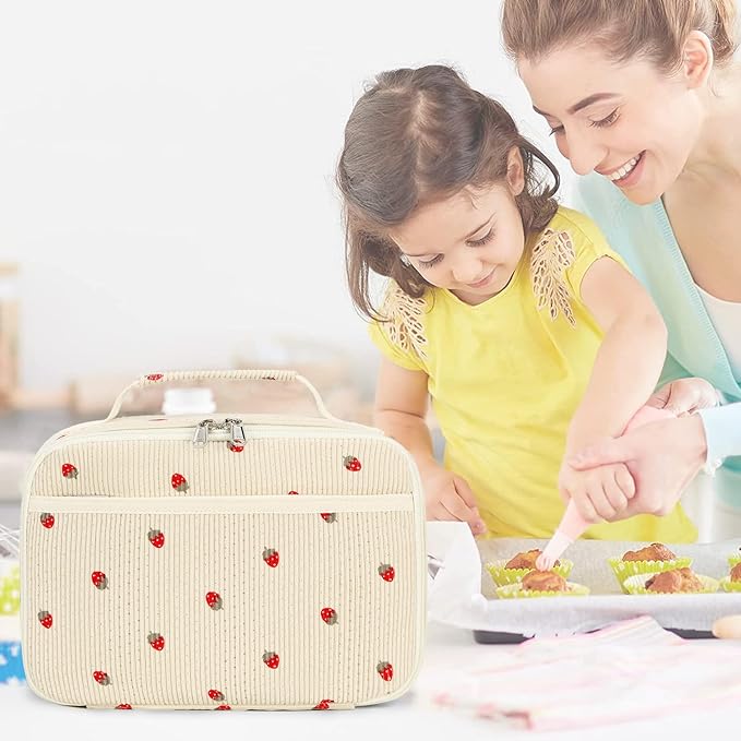 Bluboon Insulated Lunch Bag for Girls & Boys, Corduroy School Lunch Box with Cooler & Organizer Compartments, Leak-Proof Lunch Tote for School, Travel (Corduroy Strawberries Beige)