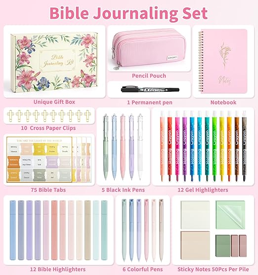 59Pcs Bible Study Supplies, Bible Journaling Kit for Women, Pink Pencil Case, 12 Pastel No Bleed Highlighters and 6 Colored Pens, Bible Tabs and More, Book Annotation Kit for Women & Men (Pink)