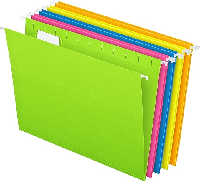 Pendaflex Glow Hanging File Folders, 1/5 Cut, 8 1/2in. x 11in., Letter Size, Assorted Colors, Box Of 25, 81672