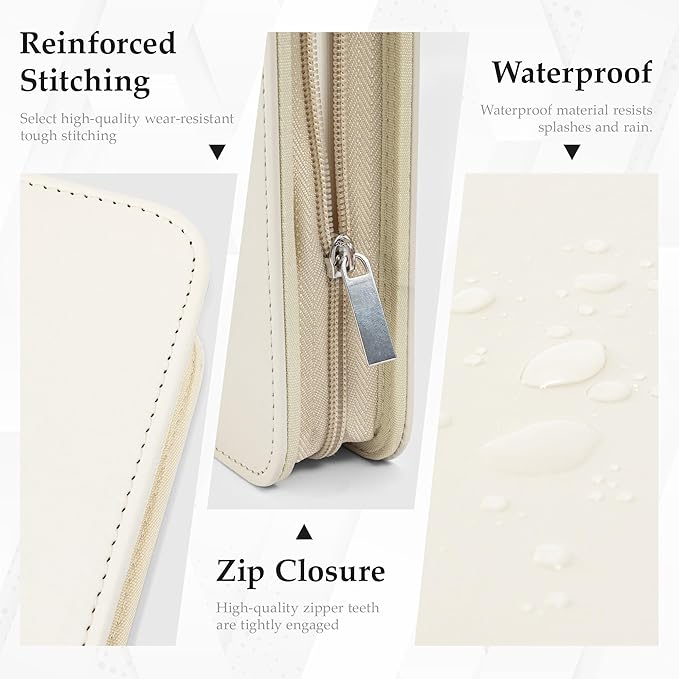 EYROZILL Zippered Leather 3 Ring Binder Organizer with Pockets – Business Portfolio Folder with Card Slots, Phone Holder, Pen Loop (Beige)
