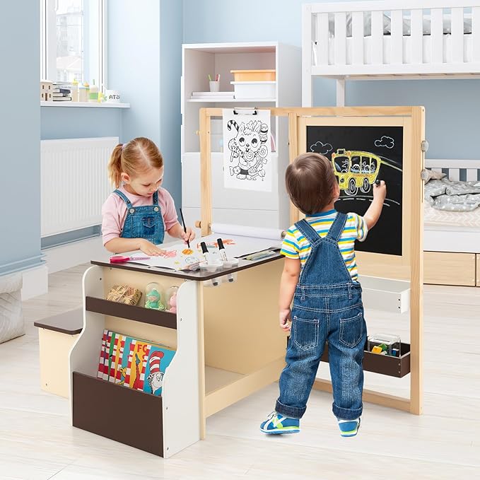 Costzon Easel for Kids, Wooden Art Center with Double-Sided Blackboard & Whiteboard, Paper Roll for Drawing, Crafts, Writing, Toddler Activity Table with Storage, Kids Table and Chair Set (Brown)