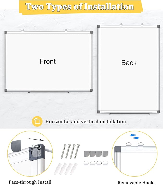 Double-Sided Magnetic Whiteboard, 36" x 24" Dry Erase Board, Aluminum Frame White Board for Wall, Hanging Mounting White Board Dry Erase Marker Board with 4 Markers, 1 Pen Tray