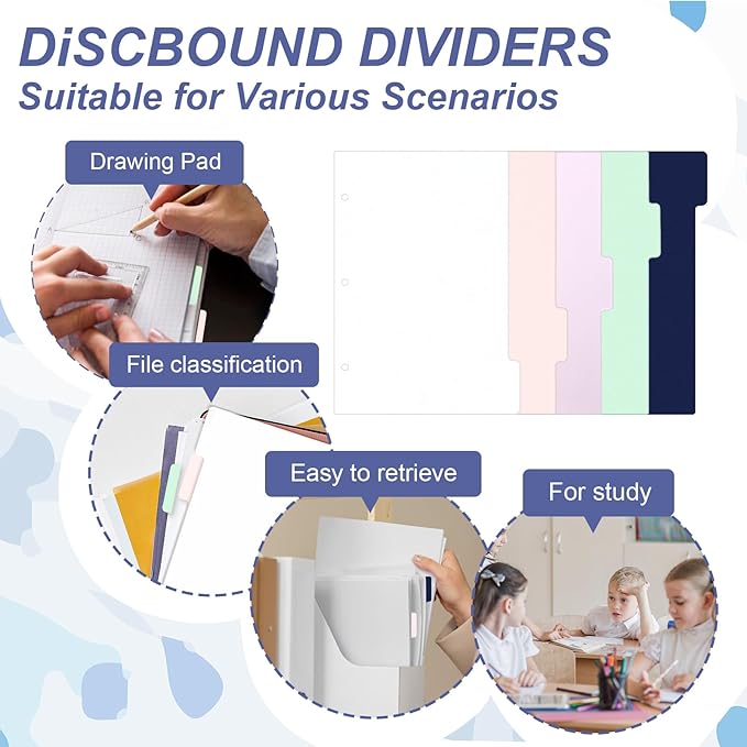(5.5 x 8.5 inch) 5 Tab 3 Hole Punch Dividers with Tabs Durable Mini Dividers Discbound Notebook-Junior Size 5 Color for Office Meeting