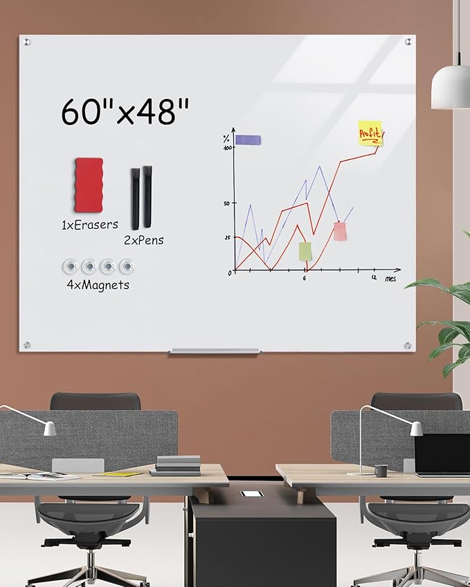 Mifuro Magnetic Glass Whiteboard，60"x48" Wall Mounted Frameless Dry Erase Board for Office, Home & School Ultra White