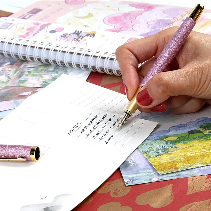 fountain pen-Multiple color styles with rhinestone,diamond inlay and frosted finish,Cute pens,Luxury pen,Office pens,Best pen set,Includes 10 Ink Cartridges and Ink Refill Converter(Silver)