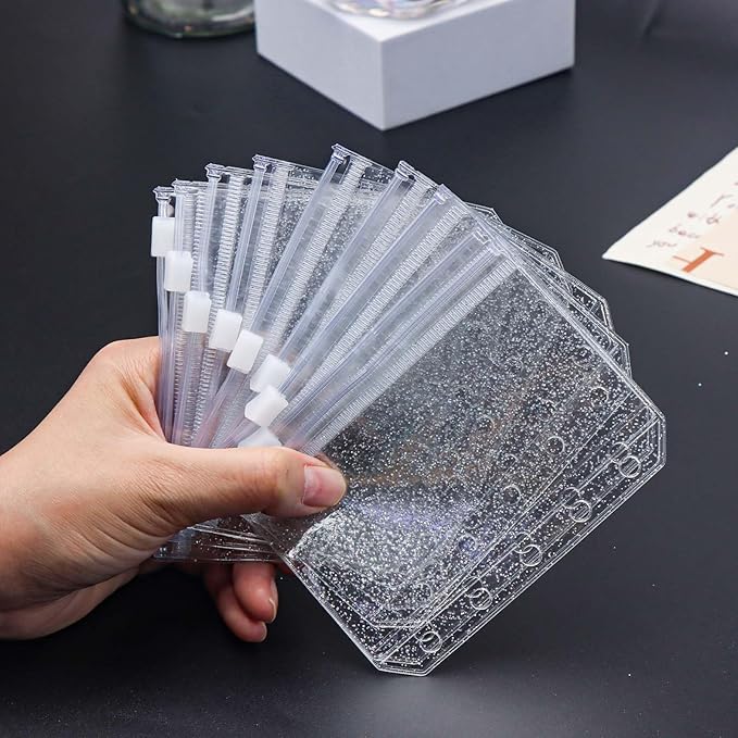 10pcs A8 Cash Stuffing Envelopes Zipper Binder Pockets Clear Glitter PVC 5 Hole Zip Sleeves Loose Leaf Pouches for 5 Ring Binder Planner (A8 3.15" x 4.33")