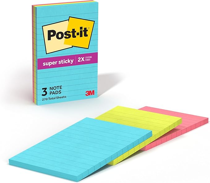 Post-it Super Sticky Lined Notes, 3 Sticky Note Pads, 4 x 6 in., School Supplies for Students, Ideal for Textbooks, Notebooks, Walls and Vertical Surfaces, Supernova Neons Collection