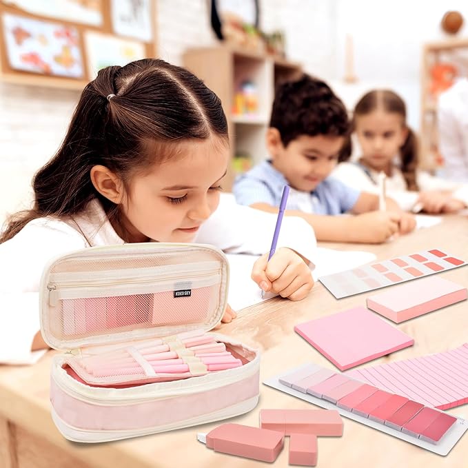 ChezAbbey 47Pcs Aesthetic School Supplies with Pencil Pouch - Cute College Essentials Set, Big Capacity Pen Case, Pastel Highlighters, Bible Study Journaling Stationary Kit (Pink)