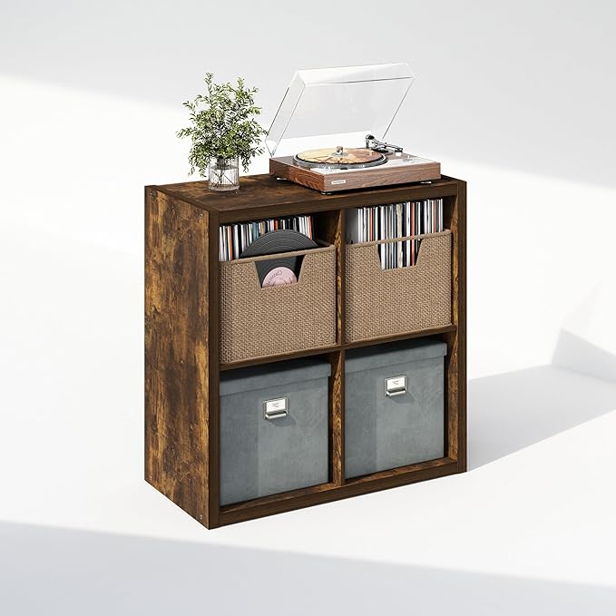 Furinno Cubicle Record Player Stand with Vinyl Storage, 4-Cube 1.2 Extra Thick Vinyl Record Storage, Open Back Media Shelf for CD DVD Blueray Game Disc, for Living Room, Home Office, Amber Pine