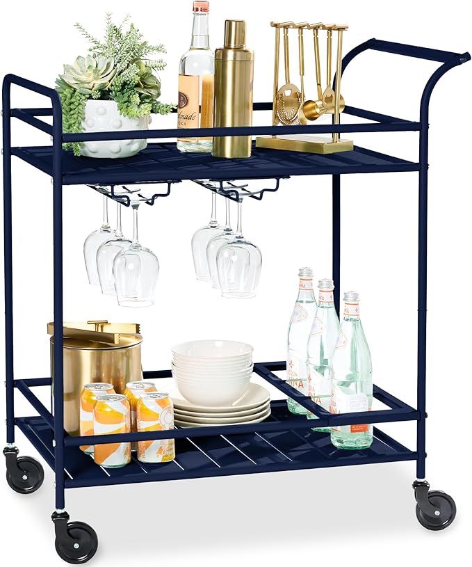 Best Choice Products Rolling Bar Cart, Mobile Home Bar Serving Cart, Serving Station w/ 2 Tier Shelves, Wine Rack, Lockable Wheels - Navy