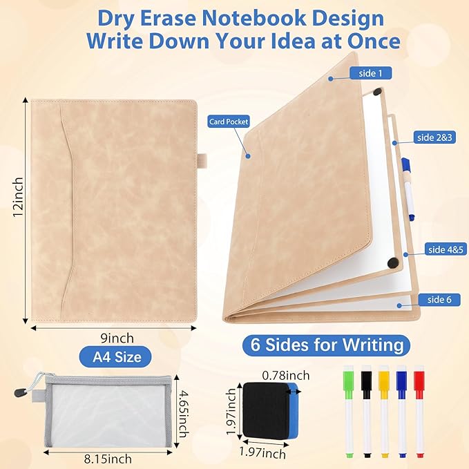 6 Sides Dry Erase Notebook Portable Whiteboards Notebook 12"x9"(a4) Small Reusable Whiteboard Notepad Foldable Anti-ghosting Surface, Travel White Board for Office Study Meeting Planning